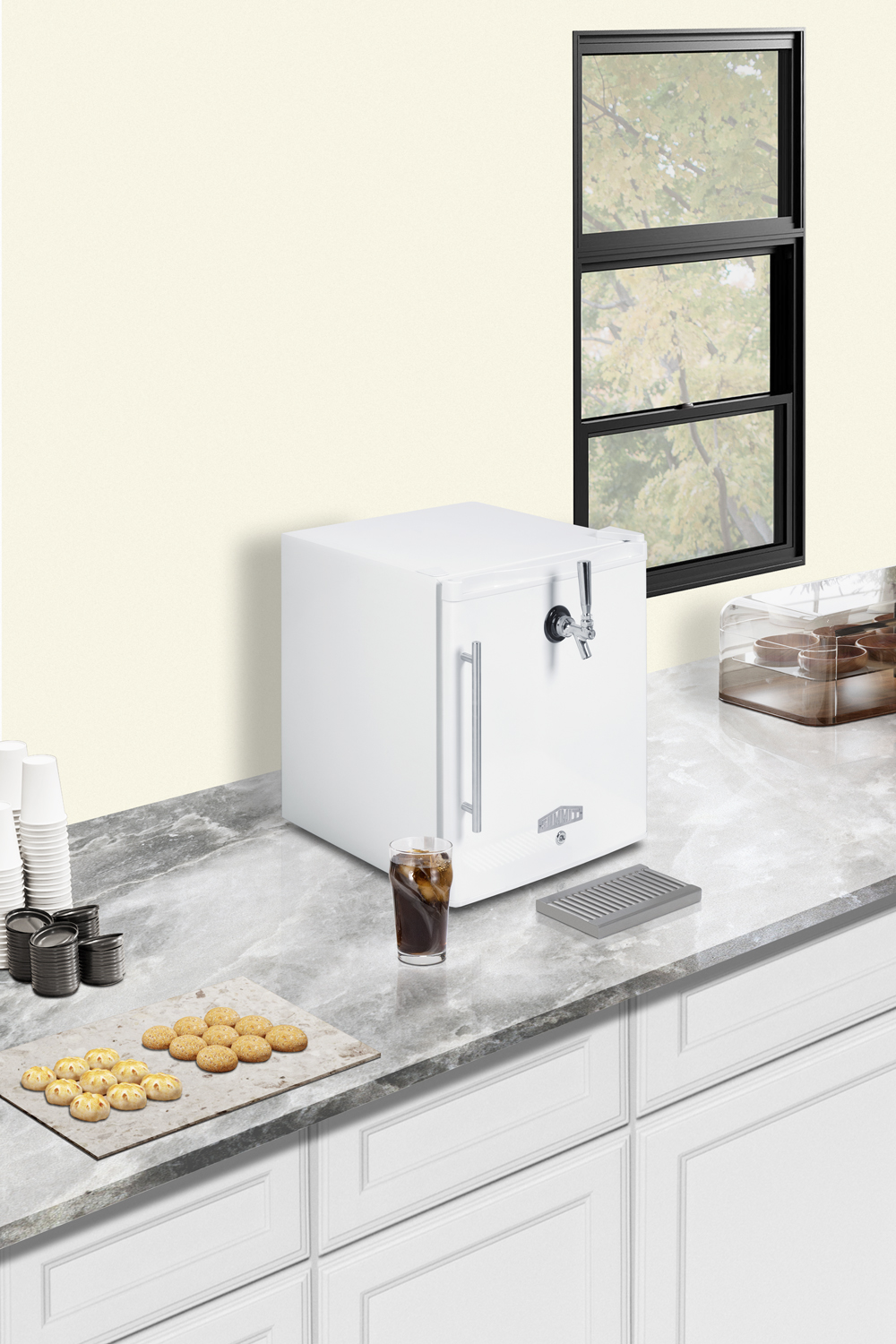 Compact commercially approved front tap cold brew coffee dispenser in a classic white finish